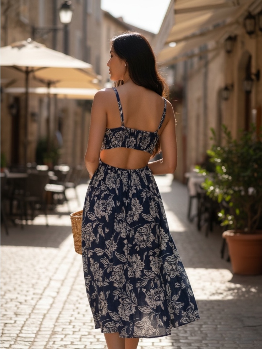NWT Madewell Textured Midi Slip Dress Navy Floral Cutout Back Dress - Size 4 - Picture 2 of 8